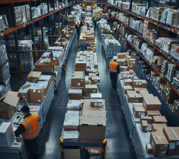 Photorealistic scene with warehouse logistics operations 360x320